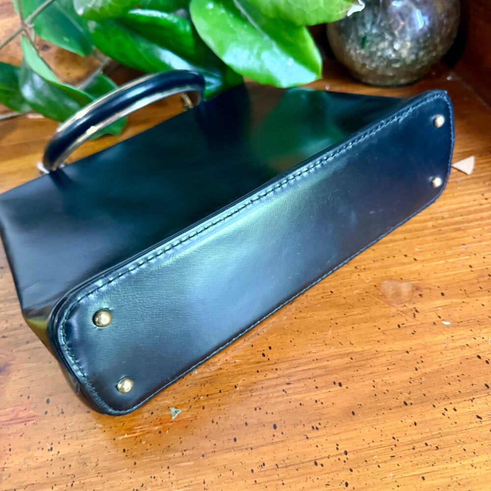 Vintage Black Structured Handbag Gold Frame Top Handle Purse 50s/60s Mod Kelly - Picture 4 of 9